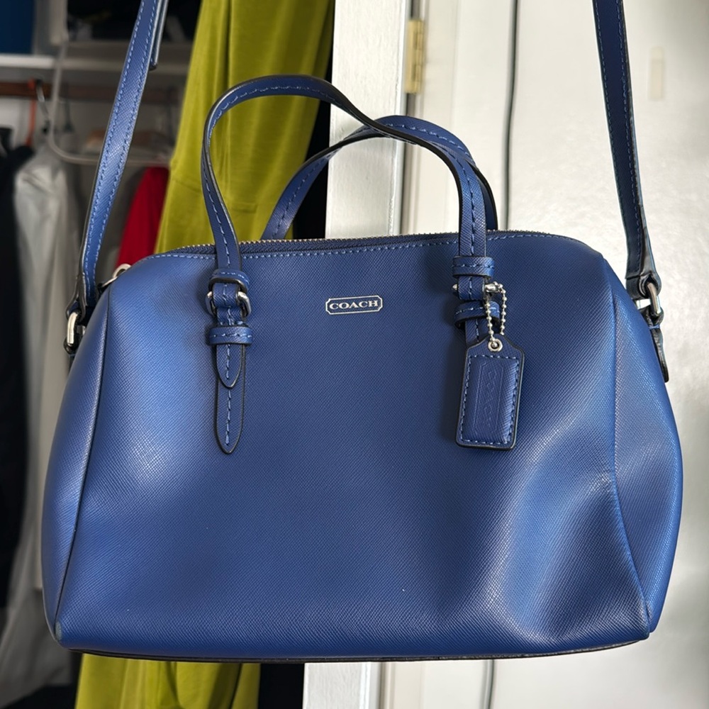 Blue Coach bag/purse with silver hardware and tan interior.